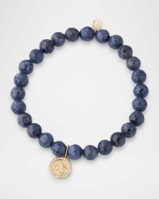 Blue Sapphire Bead Bracelet with Tiny Pavé Diamond Luck & Protection Charm